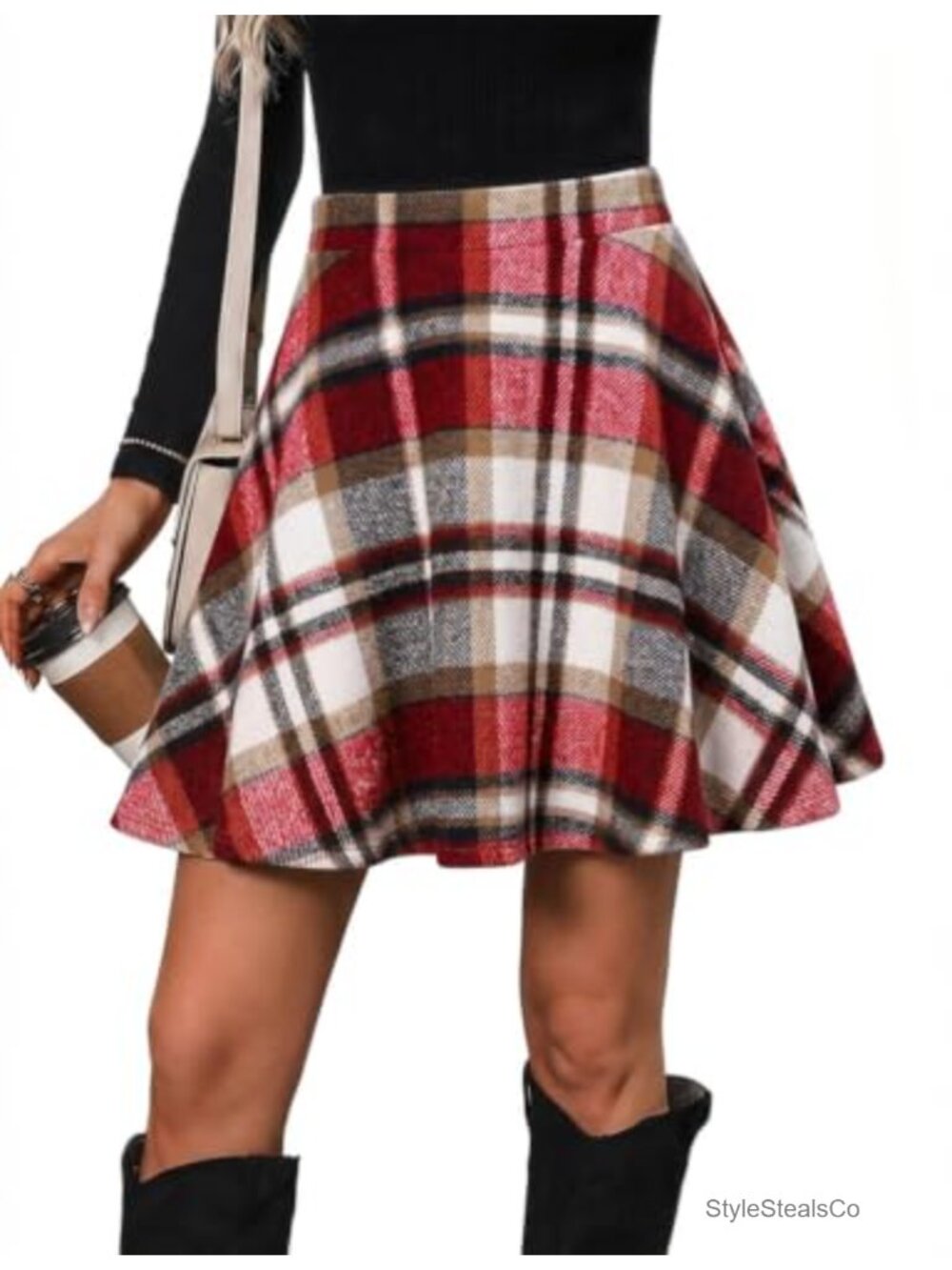 Plaid Mini Skirt High Waisted A-Line Pleated Wool Blend Above Knee